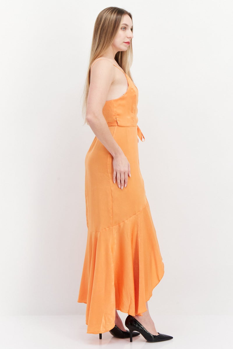 Flounce London Women Plain Tie Waist Wrap Dress, Orange - Image 2