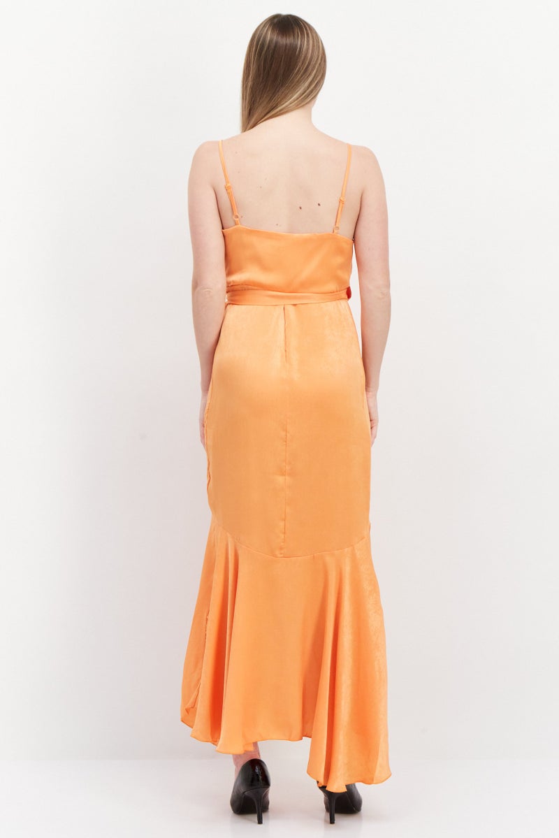 Flounce London Women Plain Tie Waist Wrap Dress, Orange - Image 4