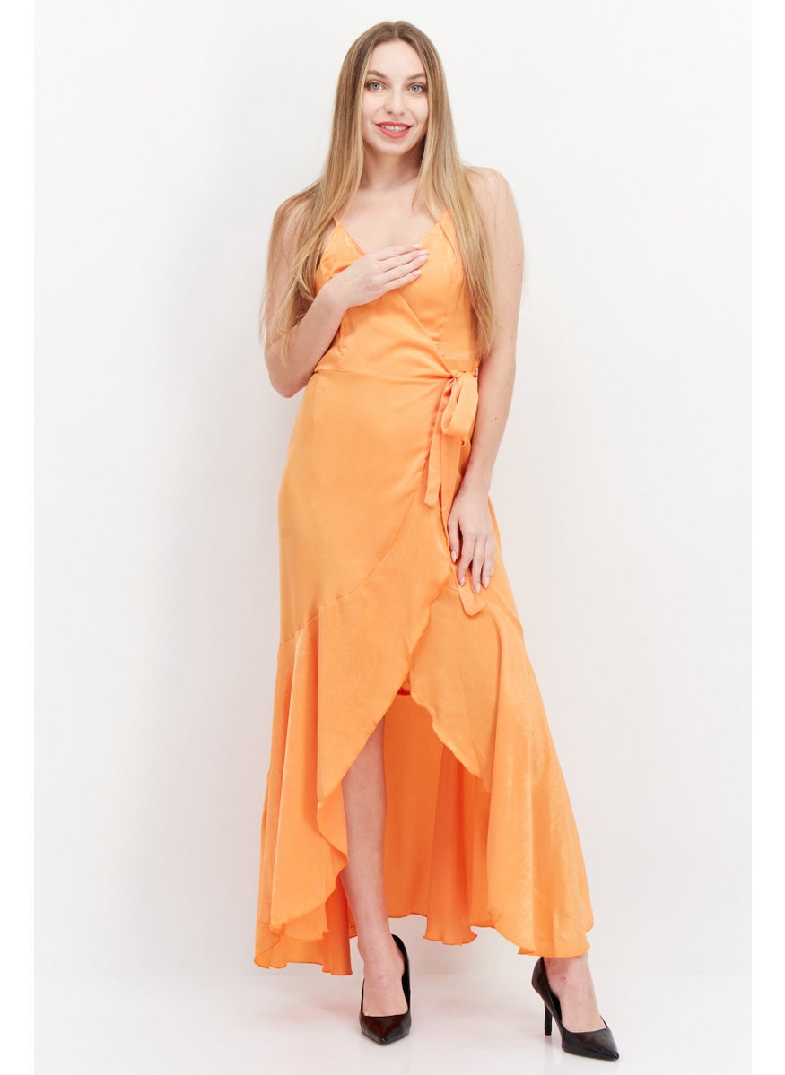 Flounce London Women Plain Tie Waist Wrap Dress, Orange  - Image 1