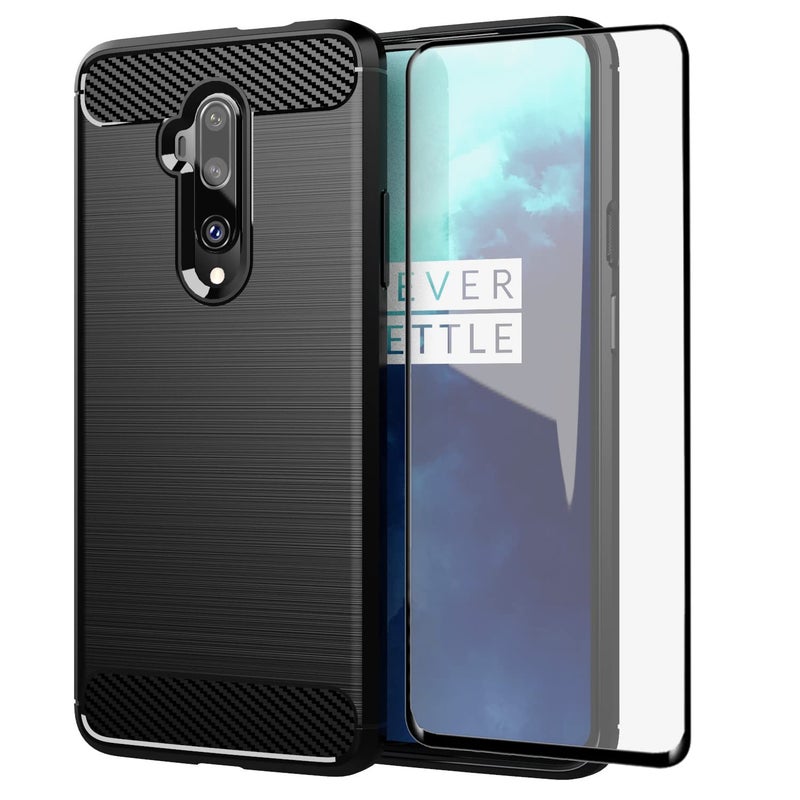 Asuwish Phone Case for OnePlus 7T Pro OnePlus7TPro 5G Mclaren Edition with Screen Protector Cover and Slim Soft TPU Cell Accessories Protective One Plus 7TPro 1Plus 1 + 1+ Women Men Carbon Fiber Black - Image 1
