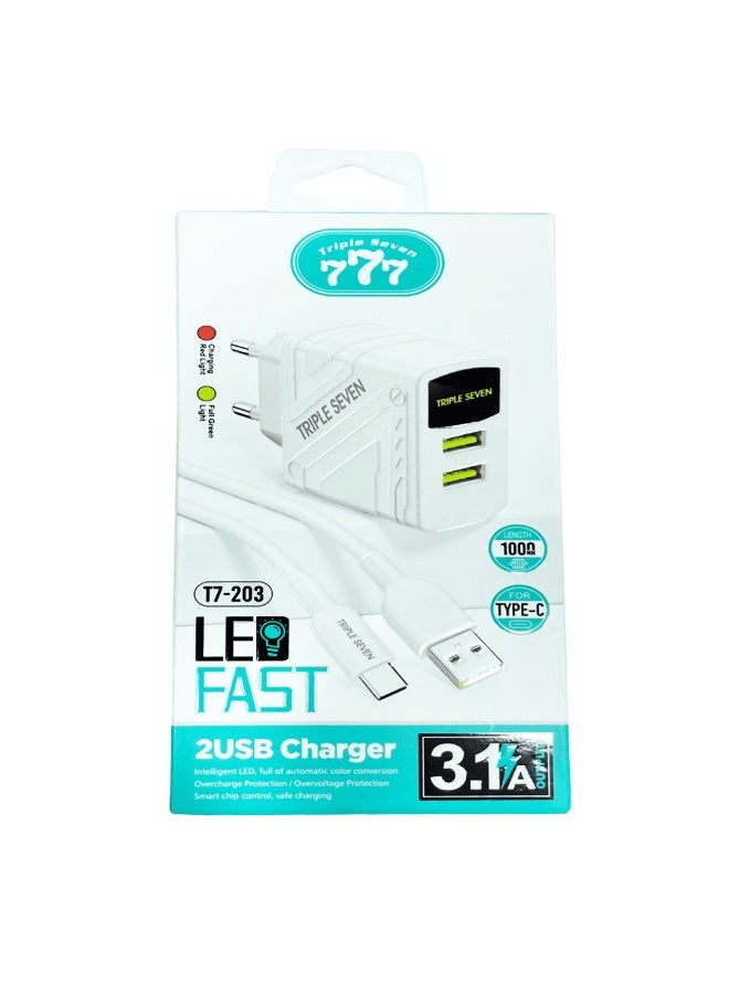 777 T7-203 Dual USB Charger – 3.1A Fast Charging – LED Indicator – Smart Protection – Type-C Cable - Image 5