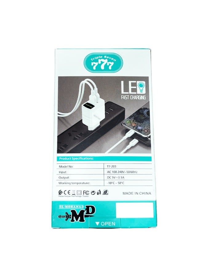 777 T7-203 Dual USB Charger – 3.1A Fast Charging – LED Indicator – Smart Protection – Type-C Cable - Image 3