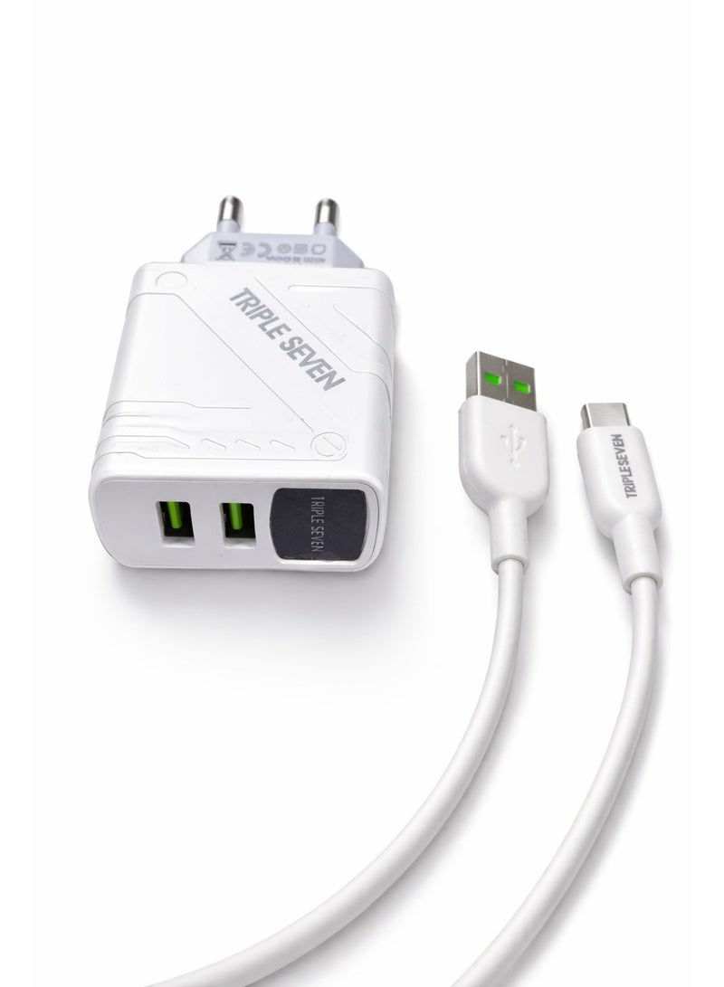 777 T7-203 Dual USB Charger – 3.1A Fast Charging – LED Indicator – Smart Protection – Type-C Cable - Image 1