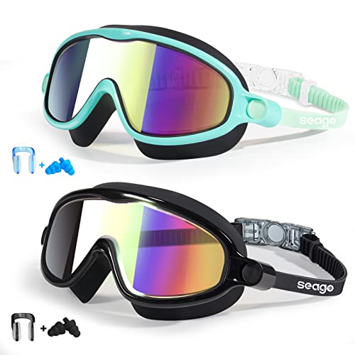 Seago Kids Goggles for Swimming 2 Pack No Leaking Anti-Fog Outer Eye Fit with Wide View UV Protection Crystal Clear Watertight Swim Goggles with nose cover Suitable for Children Youth Boys Girls Age 3 to 14 - Image 1