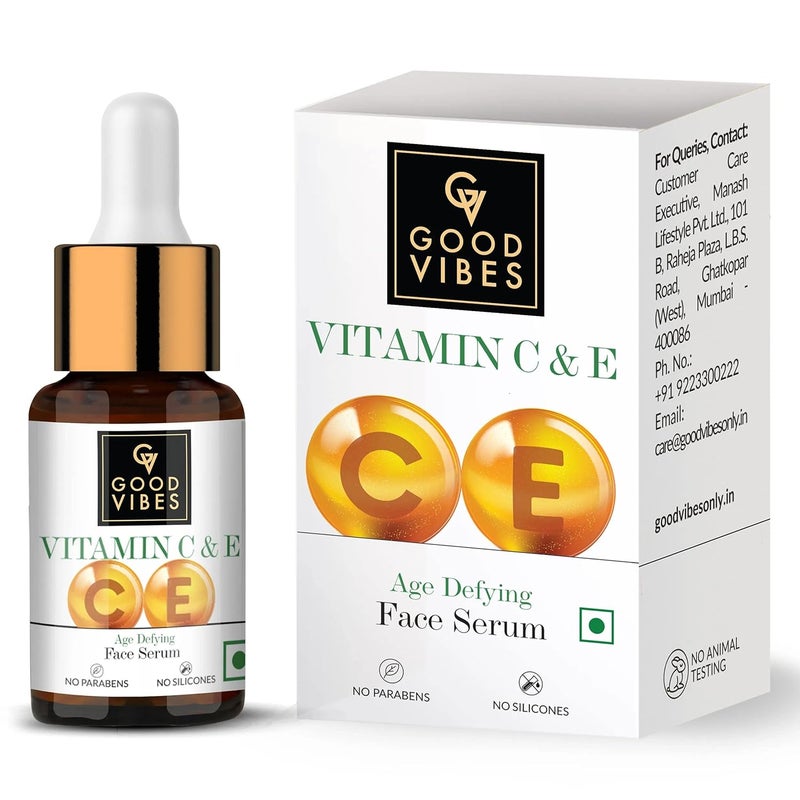 Good Vibes Vitamin C  Vitamin E Age Defying Face Serum  Lightweight Naturally Glowing Serum For All Skin Types  Helps Repair Skin  Wrinkles  No Parabens  Sulphates 10 ml034 Fl Oz