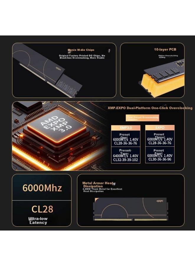 ZHIKE رام ديسكتوب زهيك 24 جيجابايت DDR5 6000 C28 مع مبرد حرارة أحادي الجسم شرائح هايونيكس M-die الأصلية - Image 1