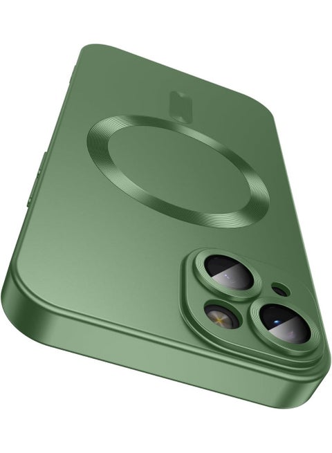 جراب مغناطيسي متوافق مع iPhone 15 Plus [متوافق مع MagSafe] [واقي عدسة الكاميرا المدمج] جراب هاتف رفيع ناعم من السيليكون مقاوم للصدمات لامع معدني (أخضر)