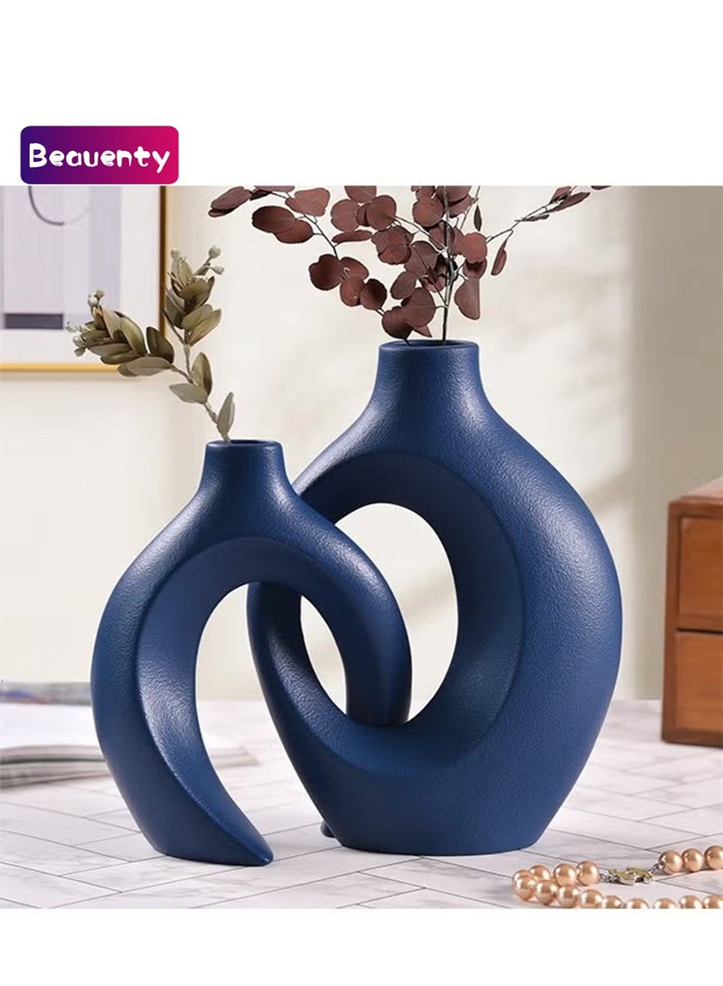 Beauenty Blue Ceramic Vase for Modern Home Decor,Matte Snuggle Hollow Flower Vase for Pampas Grass,Boho Decor Donut Decorative Vase Set of 2 for Table Centerpiece Office Bookshelf Living Room Decor - Image 1