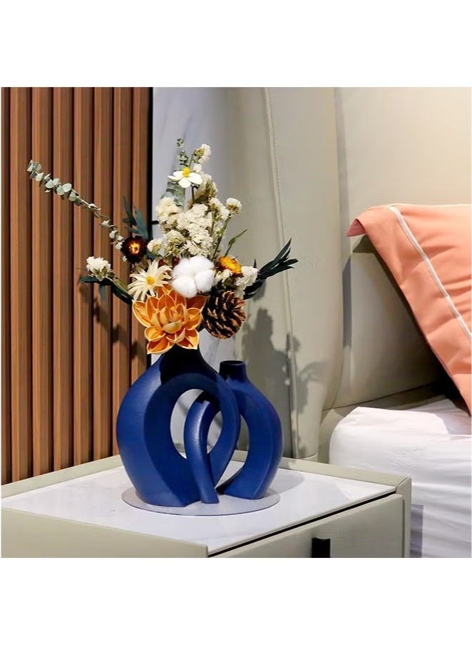 Beauenty Blue Ceramic Vase for Modern Home Decor,Matte Snuggle Hollow Flower Vase for Pampas Grass,Boho Decor Donut Decorative Vase Set of 2 for Table Centerpiece Office Bookshelf Living Room Decor - Image 3