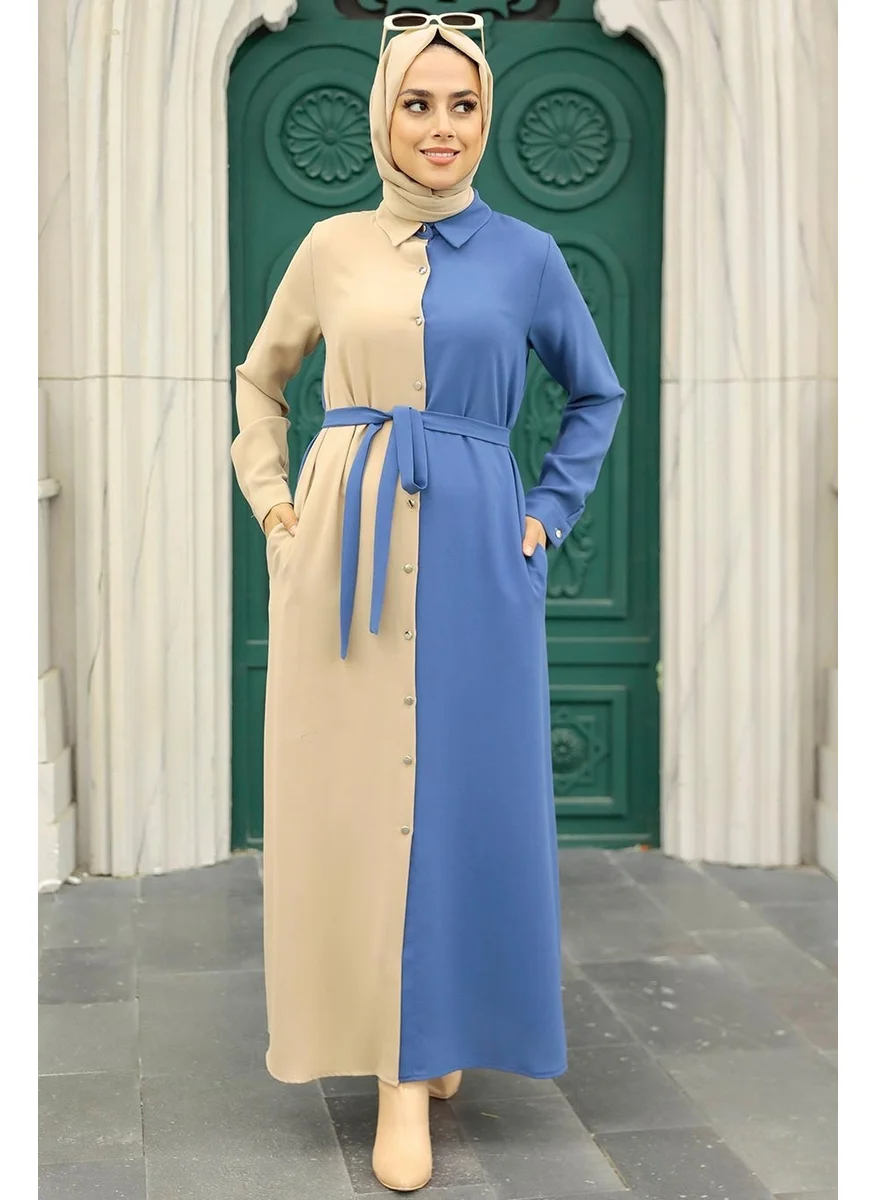 Neva Style - Color Block Indigo Blue Hijab Dress 3437IM