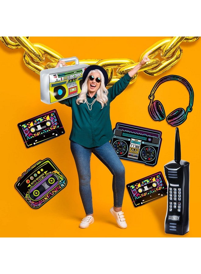 Zhanmai Zhanmai 26 Pieces 80s 90s Party Decorations Inflatable Boombox Radio Mobile Phone Gold Foil Chain Balloons 80s 90s Props Retro Cassette Headphones Player Cutouts for Hip Hop Party Supplies - Image 5