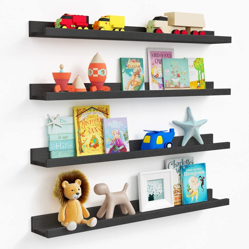 Forbena Black Photo Picture Ledge Shelf Set of 4 36 Inch Floating Shelves with Lip for Wall Narrow Wood Wall Shelf for Living Room Bedroom Office Album Frames Classroom Library Conn 2 as 72 In Long