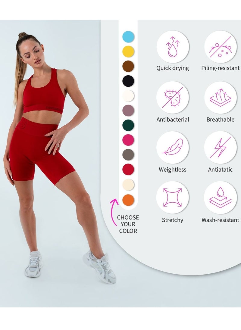Bernessi Turkiye Nylon Women's High Waisted Biker Shorts Sport Legging Shorts Workout Cycling Athletic Running Yoga Gym Volleyball for Ladies with Tummy Control Textured Scarlet Red  - Image 5