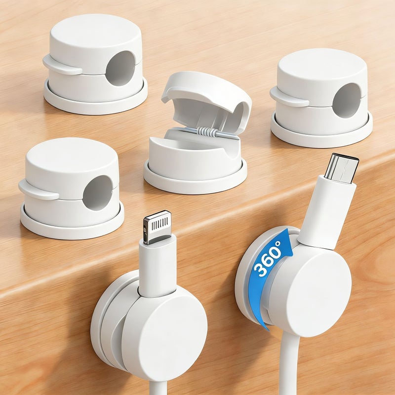 6pcs 360 Degree Rotating Spring Cable Management Desk Cable Organizer Strong Adhesive Cable Clips Desktop Additions Adjustable Cable Holders For Nightstands Home Office And RV White - Image 1