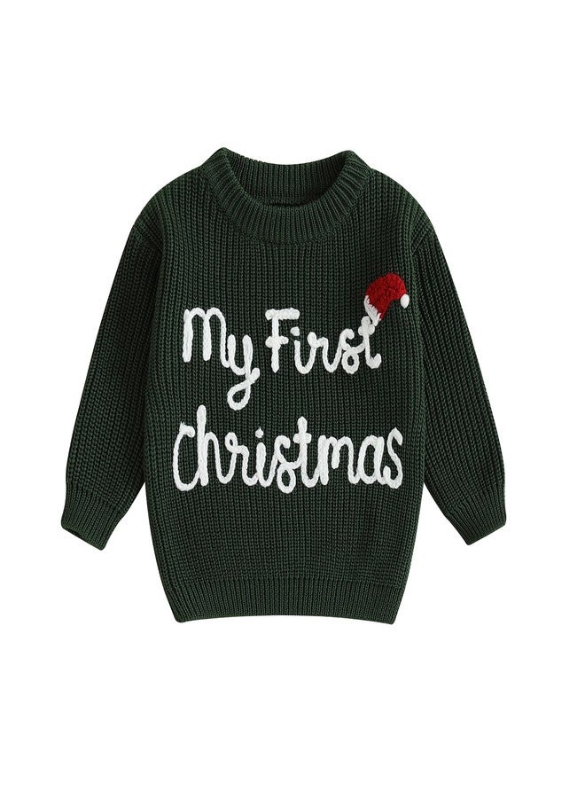 MoZiKQin Baby Christmas Outfit Boy Girl First Christmas Sweater Infant Toddler Knit Ugly Sweaters Fall Winter Clothes (Christmas Hat-Green, 9-12 Months) - Image 1