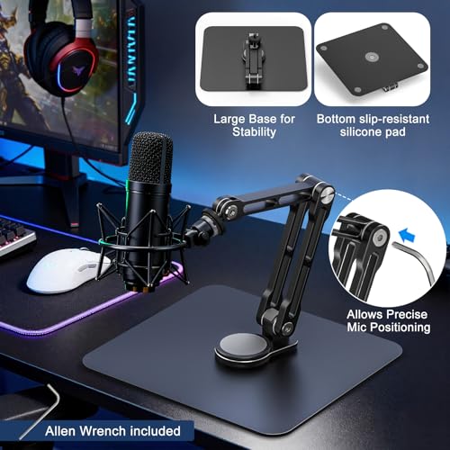 JUBOR Mic Stand Desk, 360° Rotatable Desktop Microphone Stand, Max Load 4.4 lb, Adjustable Microphone Desk Stand Mount with 1/4“ 3/8“ 5/8” Screw and 2 Mic Clip, for Recording Podcasting Streaming Studio - Image 5