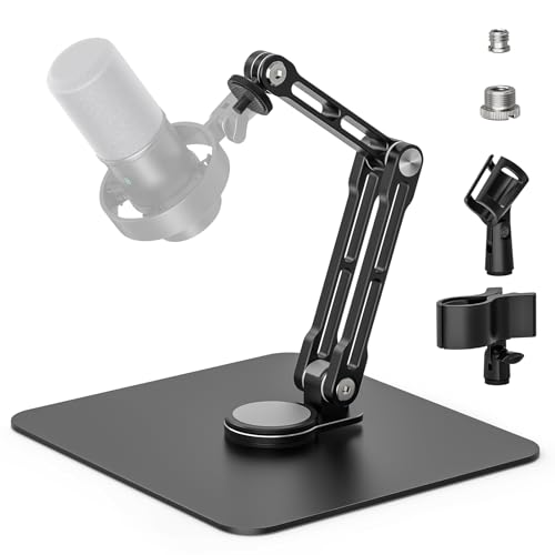 JUBOR Mic Stand Desk, 360° Rotatable Desktop Microphone Stand, Max Load 4.4 lb, Adjustable Microphone Desk Stand Mount with 1/4“ 3/8“ 5/8” Screw and 2 Mic Clip, for Recording Podcasting Streaming Studio - Image 1