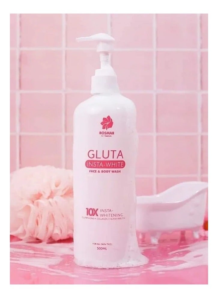 ROSMAR غسول الوجه والجسم جلوتا إنستا وايت لتنظيف وتغذية البشرة، تجربة مكافحة الشيخوخة، التبييض، مضاد للبكتيريا، شد البشرة، وعلاج فعال للبقع وحب الشباب. 500 مل. - Image 1