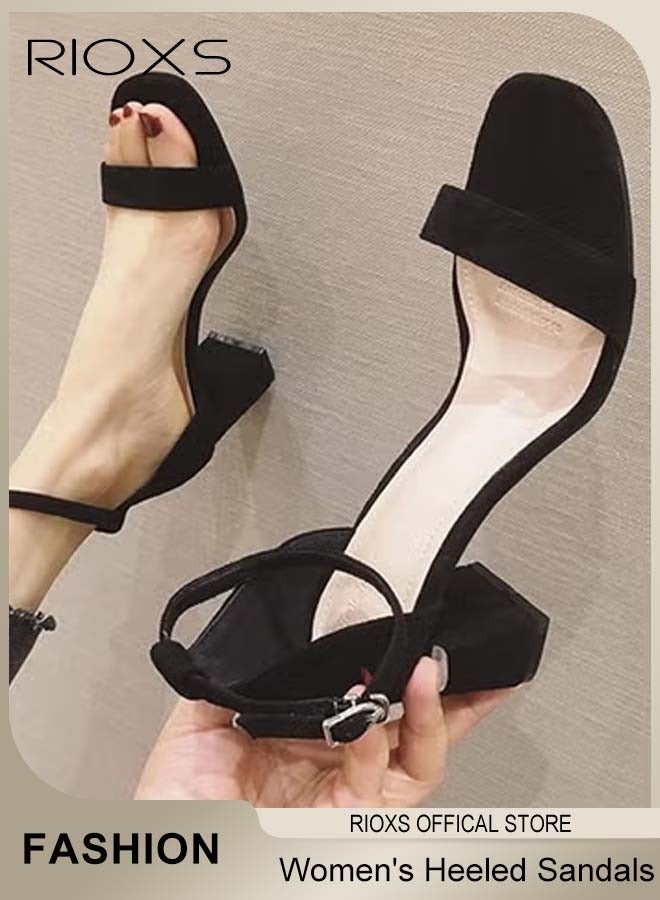 ريوكس صنادل نسائية بكعب سميك، حذاء بكعب عالٍ 8.5 سم ومفتوح من الأمام مع رباط عند الكاحل، صنادل خفيفة الوزن ومضادة للانزلاق مع أبازيم، حذاء مريح مع أربطة، مناسب للحفلات، حفلات الزفاف، حفلات التخرج، المواعيد الغرامية، الملابس اليومية والمزيد، أسود - Image 5