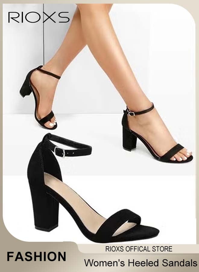ريوكس صنادل نسائية بكعب سميك، حذاء بكعب عالٍ 8.5 سم ومفتوح من الأمام مع رباط عند الكاحل، صنادل خفيفة الوزن ومضادة للانزلاق مع أبازيم، حذاء مريح مع أربطة، مناسب للحفلات، حفلات الزفاف، حفلات التخرج، المواعيد الغرامية، الملابس اليومية والمزيد، أسود - Image 1