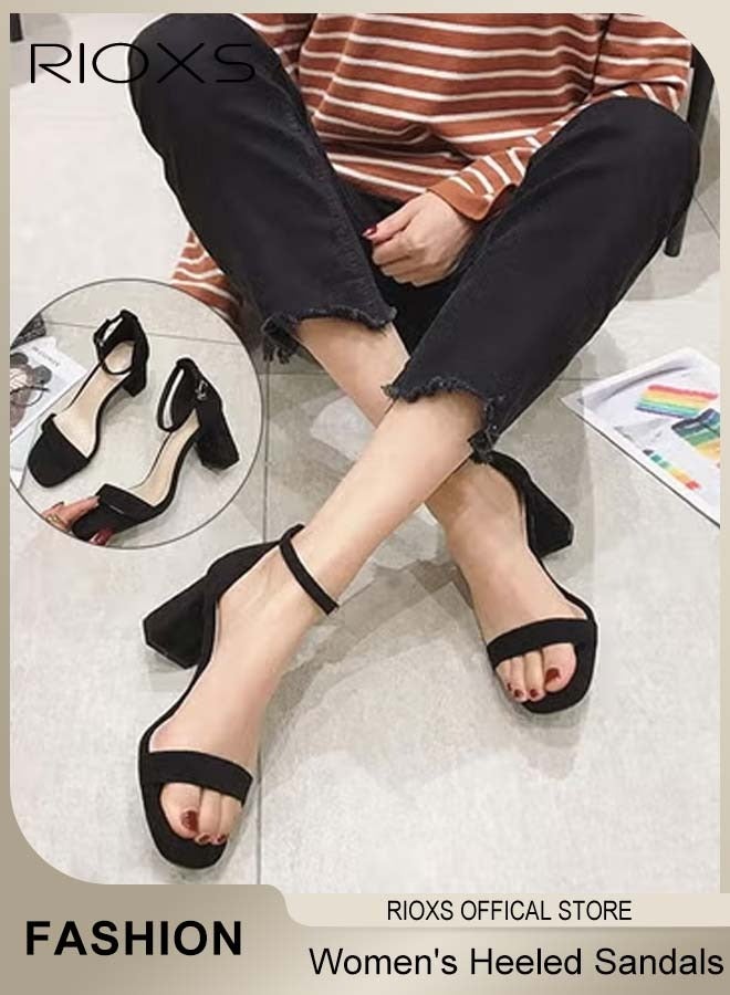 ريوكس صنادل نسائية بكعب سميك، حذاء بكعب عالٍ 8.5 سم ومفتوح من الأمام مع رباط عند الكاحل، صنادل خفيفة الوزن ومضادة للانزلاق مع أبازيم، حذاء مريح مع أربطة، مناسب للحفلات، حفلات الزفاف، حفلات التخرج، المواعيد الغرامية، الملابس اليومية والمزيد، أسود - Image 2