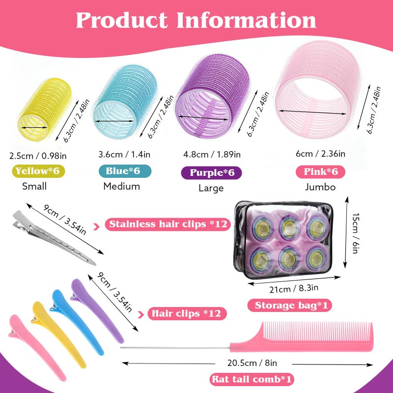 obeoby 4 Sizes Self-Grip Hair Rollers Set - 50 Pcs with Clips in 4 Colors, Jumbo Rollers for Long, Short Hair and Bangs (25mm, 36mm, 48mm, 60mm) - Image 2