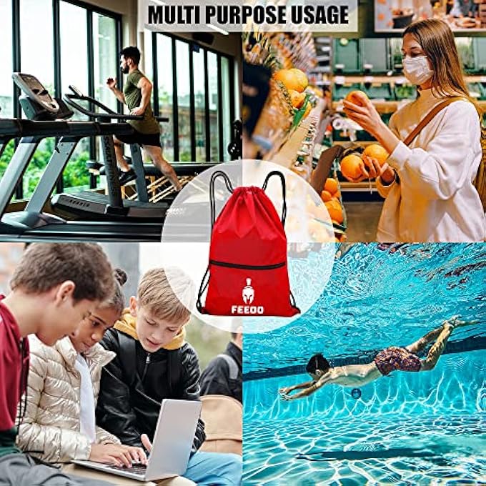 Drawstring Gym Bag Waterproof with zip pocket Large Sports Backpack String Swim Drawstring Sack Nylong Bags Travel Beach School Bag Swimming for Mens Womens Kids Boys Girls Adults Children Ladies - Image 5