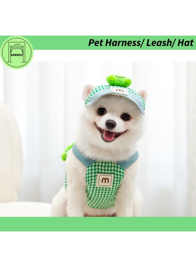 Pet Harness Set with Leash Chest Strap and Hat Green Plaid Frog Cute Outfit for Cats and Dogs Home and Outdoor Use Size L - Image 1