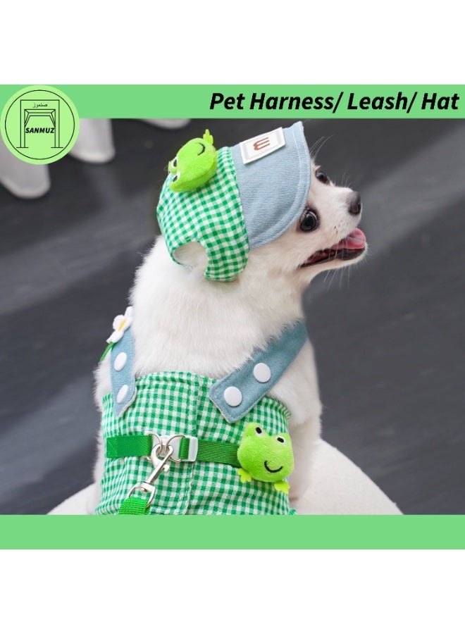 Pet Harness Set with Leash Chest Strap and Hat Green Plaid Frog Cute Outfit for Cats and Dogs Home and Outdoor Use Size L - Image 4