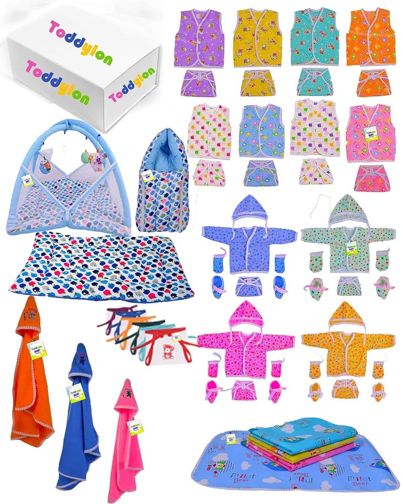 Toddylon 56 in 1 New Born Baby Products All | Gift Packs | Bedding Set | Maternity Kit | Baby Shower | Baby Clothing Set | Essentials Items | Combo Pack (0-6 Months, Multicolor) - Image 1