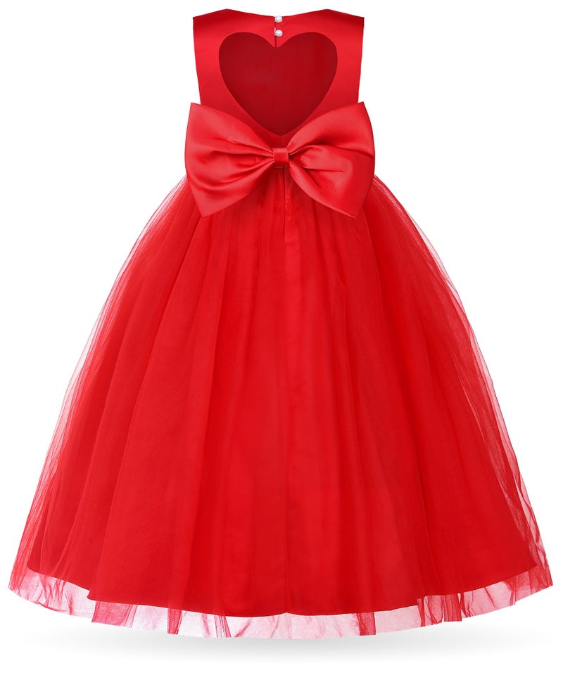 Uhnice Flower Girl Pearl Dress Tulle Ball Gown Bow Prom with Heart Cutout for Wedding Birthday Party (Red, 90/2-3 Years) - Image 1