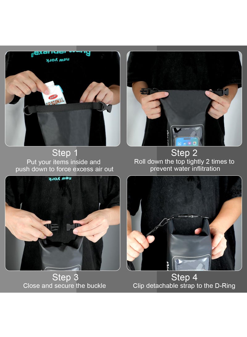 Zikra Waterproof Dry Bag, Beach Phone Bag 2L Roll Top Waterproof Backpack w/Phone Case/Pouch, Lightweight Dry Storage Bag for Travel Swimming Boating Kayaking Camping Beach Fishing Rafting, Black - Image 5