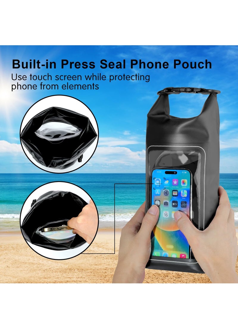 Zikra Waterproof Dry Bag, Beach Phone Bag 2L Roll Top Waterproof Backpack w/Phone Case/Pouch, Lightweight Dry Storage Bag for Travel Swimming Boating Kayaking Camping Beach Fishing Rafting, Black - Image 4