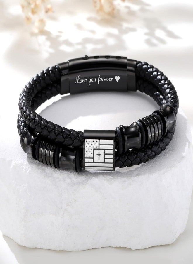 VNOX Christian Religious Gifts for for Husband Bracelet with Cross American Flag Blue Leather Bracelets USA Patriotic Christmas Birthday Fathers Day Christmas Aniversary Unique Gifts for Him - Image 2