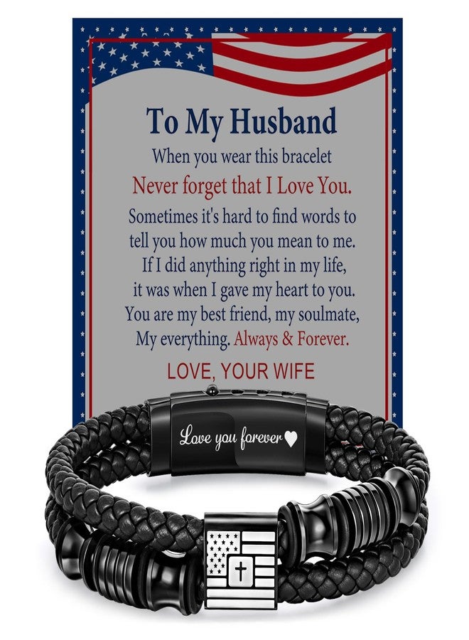 VNOX Christian Religious Gifts for for Husband Bracelet with Cross American Flag Blue Leather Bracelets USA Patriotic Christmas Birthday Fathers Day Christmas Aniversary Unique Gifts for Him - Image 1