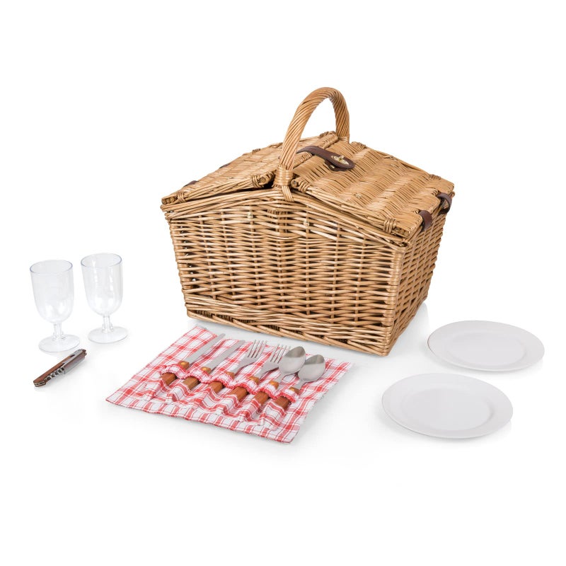PICNIC TIME سلة نزهة بيكاديللي من بيكنك تايم، سلة نزهة رومانسية لشخصين - تشمل مجموعة أدوات، نظارات، أطباق، وفتاحة زجاجات، (نمط مربعات حمراء وبيضاء) - Image 2