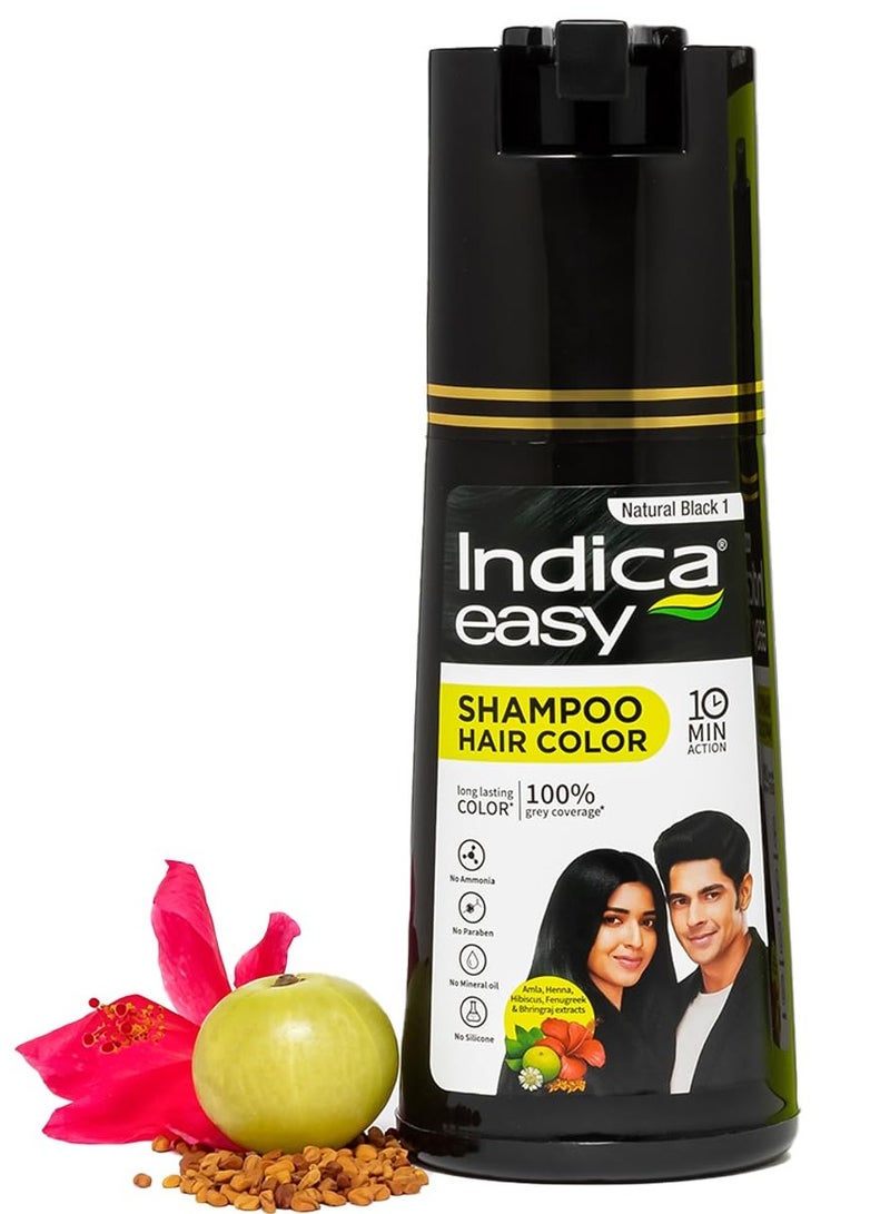 Indica Easy Do It Yourself Hair Color Shampoo Pump Pack with 5 Herbal Extracts and 100% Ammonia Free Long Lasting Formula 180 ML  Natural Black Colour Gloves Included - Image 1