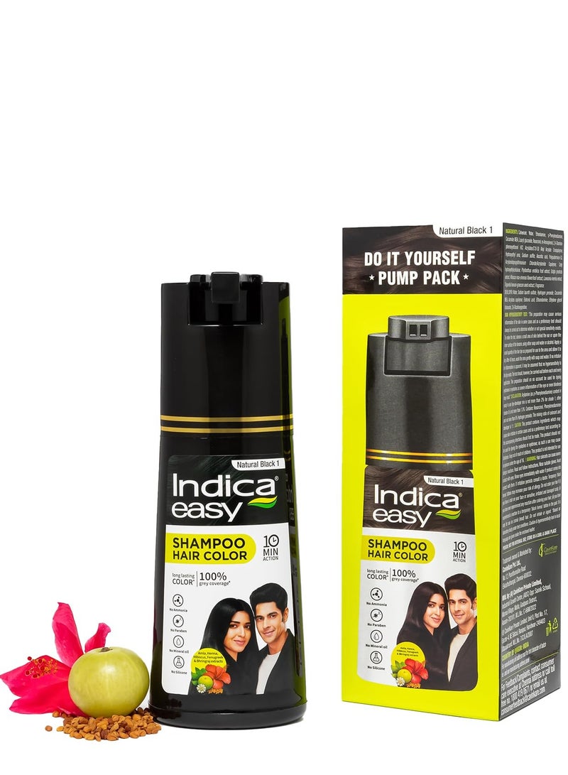 Indica Easy Do It Yourself Hair Color Shampoo Pump Pack with 5 Herbal Extracts and 100% Ammonia Free Long Lasting Formula 180 ML  Natural Black Colour Gloves Included - Image 2