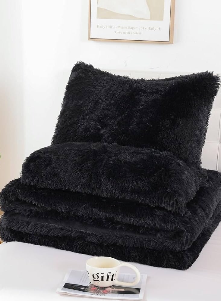 Comfy طقم لحاف مريح من 6 قطع من الفرو الصناعي الناعم والريشي باللون الأسود بحجم كينغ - Image 1