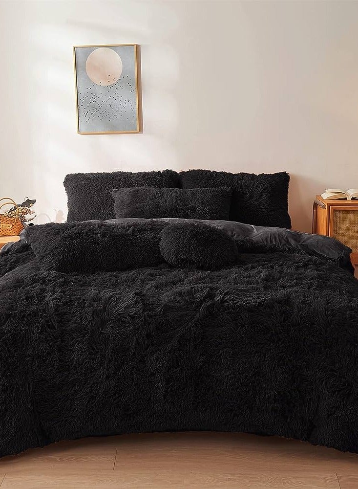 Comfy طقم لحاف مريح من 6 قطع من الفرو الصناعي الناعم والريشي باللون الأسود بحجم كينغ - Image 4