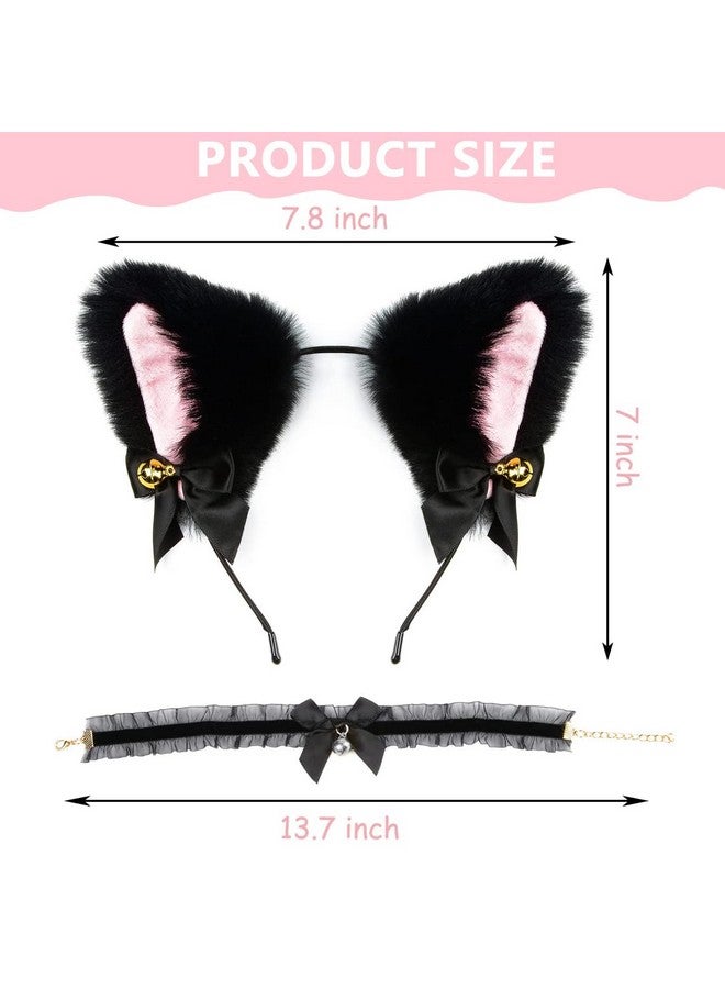 PALAY¬Æ Cat Ears Headband for Women Girls - Furry Fox Ears Hair Band, Lace Neck Choker & Fur Tail Set, Bow Bells Headwear Hair Hoop Anime Cosplay Costumes for Halloween Party - Image 2