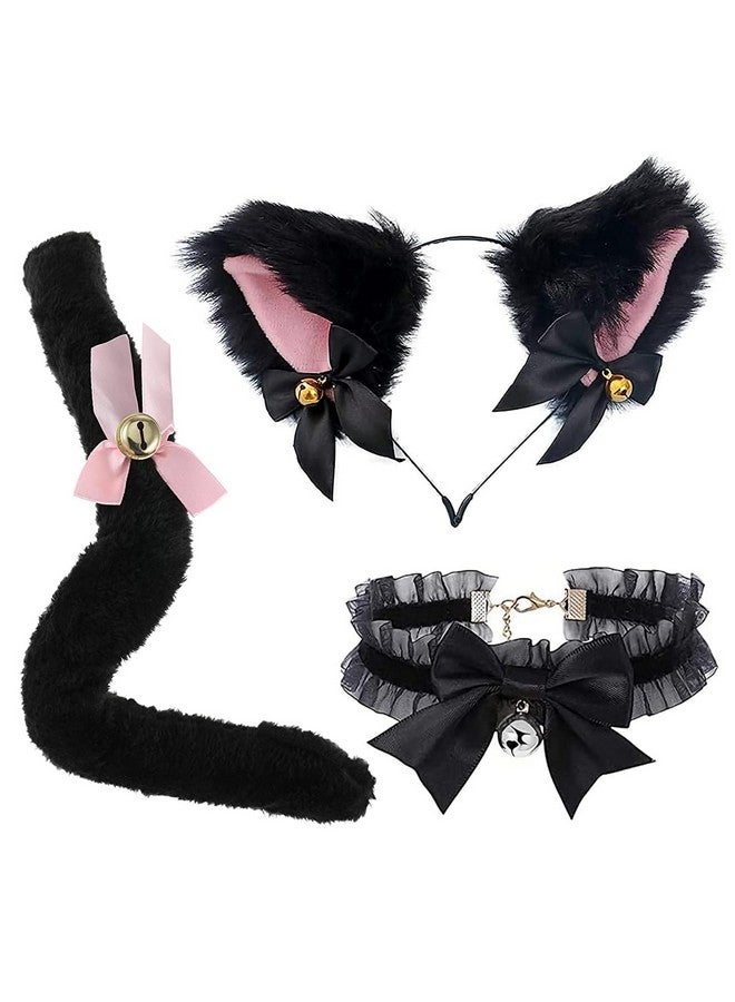 PALAY¬Æ Cat Ears Headband for Women Girls - Furry Fox Ears Hair Band, Lace Neck Choker & Fur Tail Set, Bow Bells Headwear Hair Hoop Anime Cosplay Costumes for Halloween Party - Image 1
