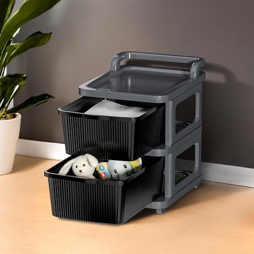 Kuber Industries 6 Layer Heavy Duty Plastic Storage Drawer with Wheels | Modular Cabinet for Bedroom, Office, Home | Chest of Drawers Organiser for Cosmetics, Kitchen items, Toys | Grey & Black - Image 1