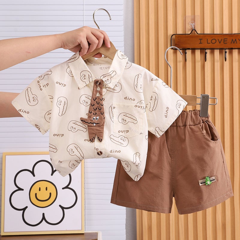 Summer New Style Western Style Baby Summer Clothes Childrens Summer Shirt Short-sleeved Two-piece Set Trendy Mens Childrens Summer Clothes suit Brown