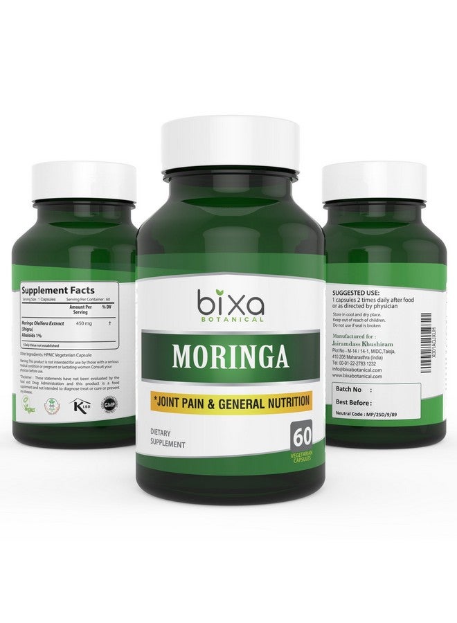 Moringa Extract 1% Alkaloids 60 Veg Capsules (450Mg) ; Multivitamin And Nutritional Green Superfood Supplement ǀ Helps In Joint Pain And Blood Circulation ǀ Bixa Botanical