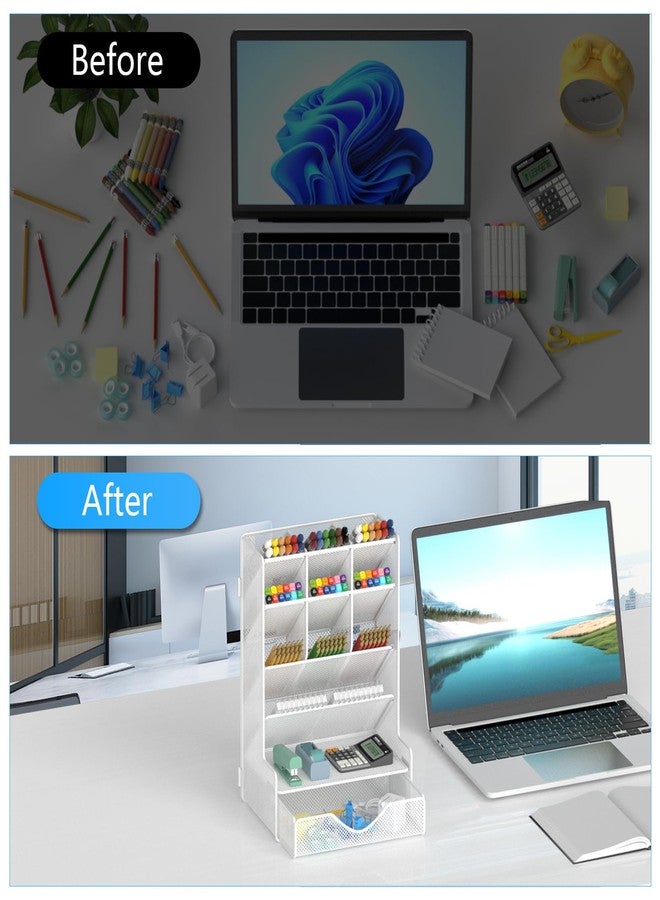 BOHDK Pen Organizer for Desk, Multi-Functional Desk Organizer, Wall Mount Pen Holder with Drawer for School, Office, Home, Art Supplies, White - Image 3