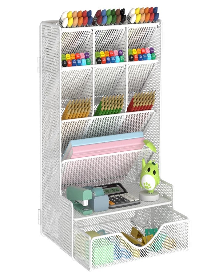 BOHDK Pen Organizer for Desk, Multi-Functional Desk Organizer, Wall Mount Pen Holder with Drawer for School, Office, Home, Art Supplies, White - Image 1
