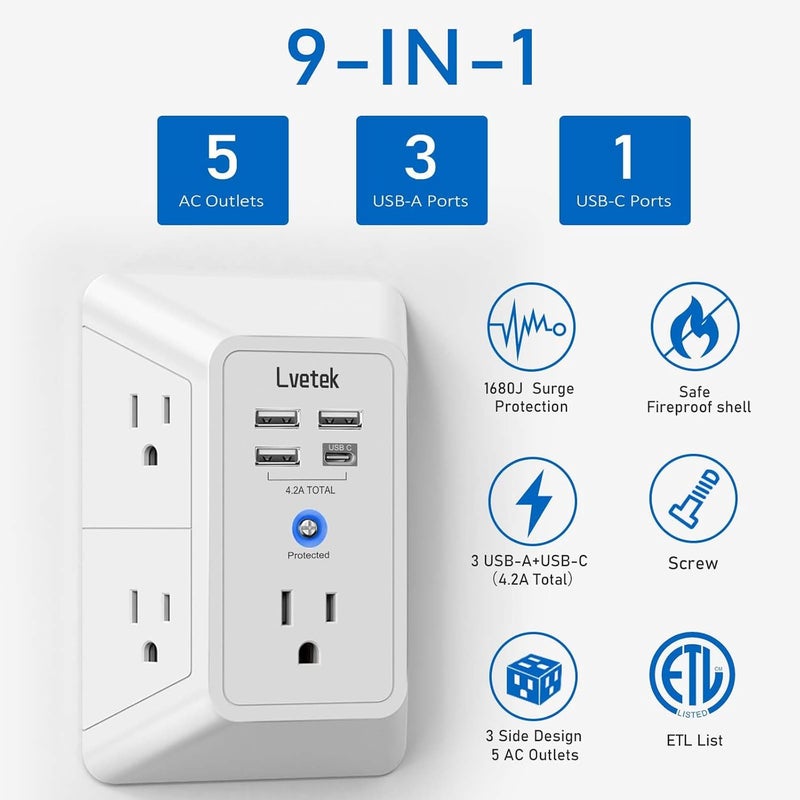 Lvetek USB Wall Charger， Surge Protector 5 Outlet Extender with 4 USB Ports (1 USB C Outlet) 3 Sided 1680J Power Strip Multi Plug Outlets Wall Adapter Spaced for Home Travel Office ETL Listed - Image 4