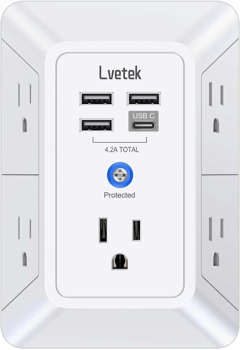 Lvetek USB Wall Charger， Surge Protector 5 Outlet Extender with 4 USB Ports (1 USB C Outlet) 3 Sided 1680J Power Strip Multi Plug Outlets Wall Adapter Spaced for Home Travel Office ETL Listed - Image 1