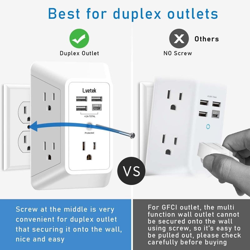 Lvetek USB Wall Charger， Surge Protector 5 Outlet Extender with 4 USB Ports (1 USB C Outlet) 3 Sided 1680J Power Strip Multi Plug Outlets Wall Adapter Spaced for Home Travel Office ETL Listed - Image 5